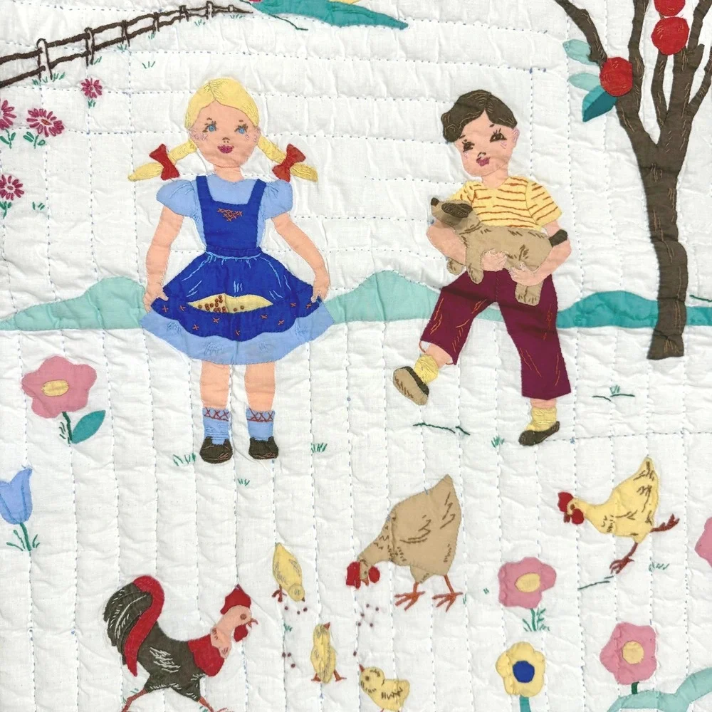 C.1930s Hand Appliqué Quilt Farm Children Pictorial Folk Art 63.5